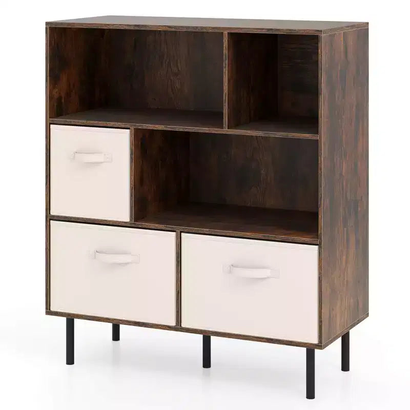 Libreria a 6 cubi con 3 cassetti pieghevoli in tessuto rimovibili e gambe in metallo per soggiorno, Naturale/Bianco