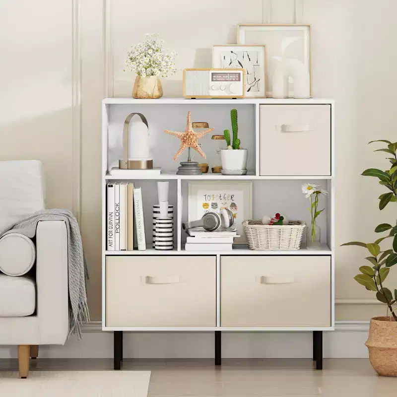 Libreria a 6 cubi con 3 cassetti pieghevoli in tessuto rimovibili e gambe in metallo per soggiorno, Naturale/Bianco