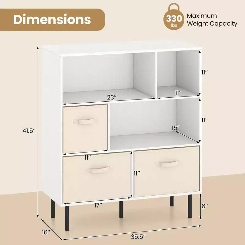 Libreria a 6 cubi con 3 cassetti pieghevoli in tessuto rimovibili e gambe in metallo per soggiorno, Naturale/Bianco
