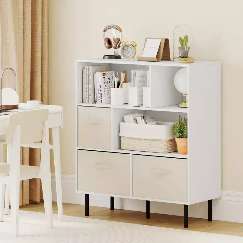 Libreria a 6 cubi con 3 cassetti pieghevoli in tessuto rimovibili e gambe in metallo per soggiorno, Naturale/Bianco