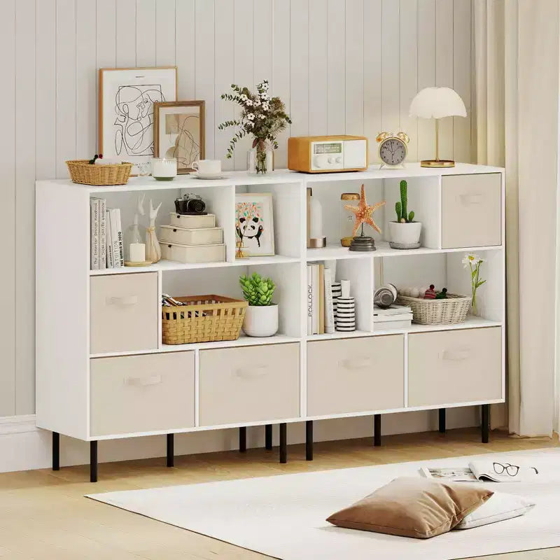 Libreria a 6 cubi con 3 cassetti pieghevoli in tessuto rimovibili e gambe in metallo per soggiorno, Naturale/Bianco