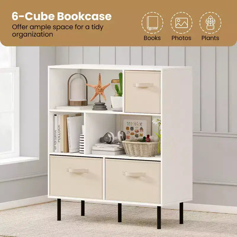 Libreria a 6 cubi con 3 cassetti pieghevoli in tessuto rimovibili e gambe in metallo per soggiorno, Naturale/Bianco