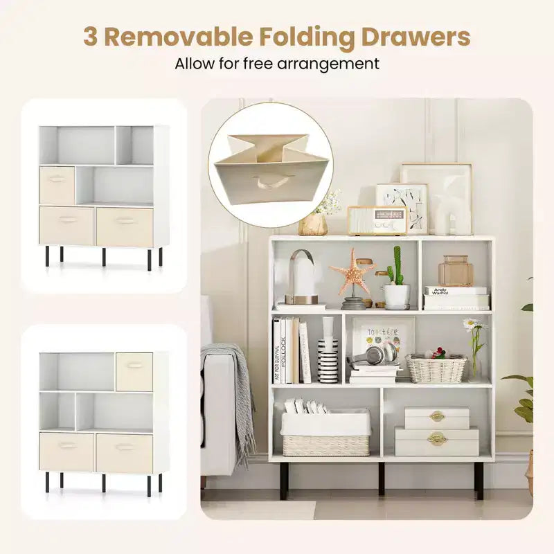 Libreria a 6 cubi con 3 cassetti pieghevoli in tessuto rimovibili e gambe in metallo per soggiorno, Naturale/Bianco