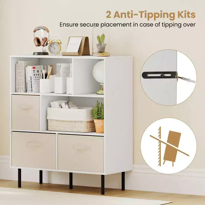 Libreria a 6 cubi con 3 cassetti pieghevoli in tessuto rimovibili e gambe in metallo per soggiorno, Naturale/Bianco