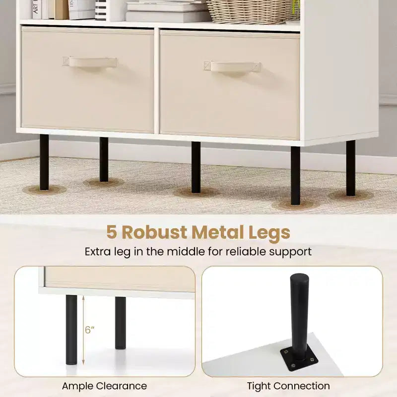 Libreria a 6 cubi con 3 cassetti pieghevoli in tessuto rimovibili e gambe in metallo per soggiorno, Naturale/Bianco