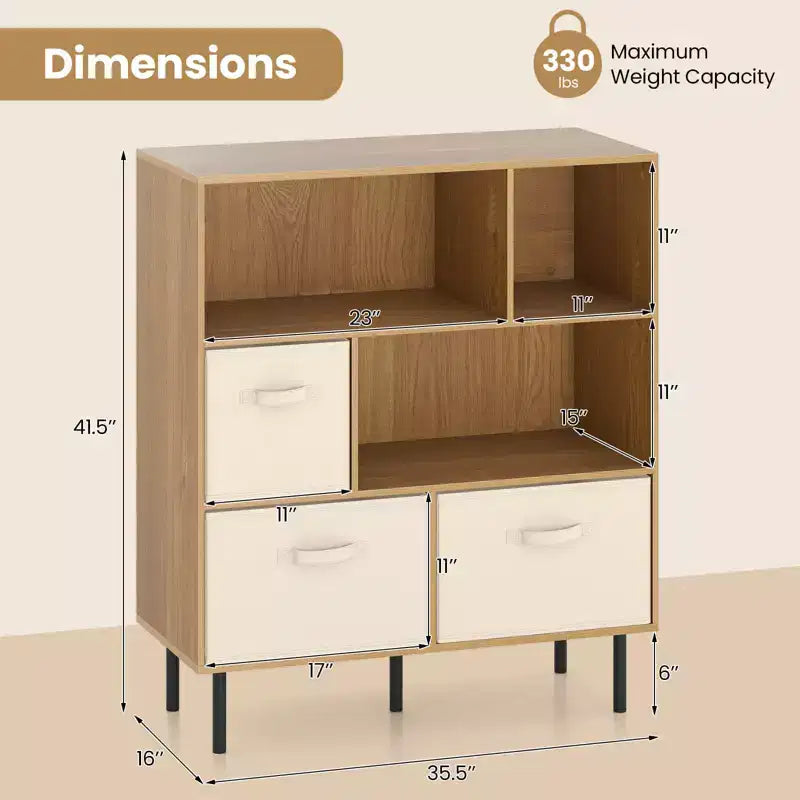 Libreria a 6 cubi con 3 cassetti pieghevoli in tessuto rimovibili e gambe in metallo per soggiorno, Naturale/Bianco