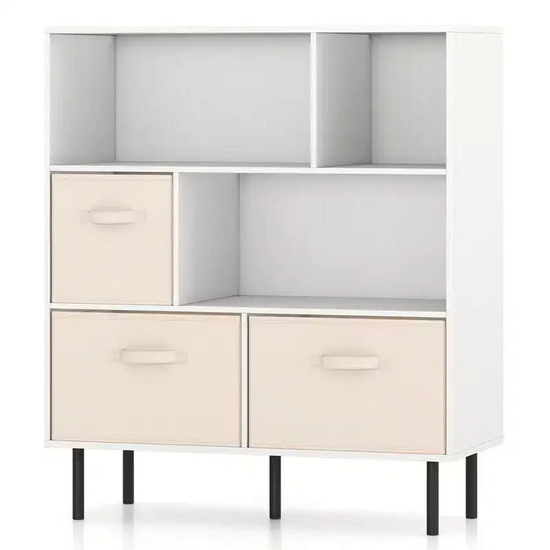 Libreria a 6 cubi con 3 cassetti pieghevoli in tessuto rimovibili e gambe in metallo per soggiorno, Naturale/Bianco