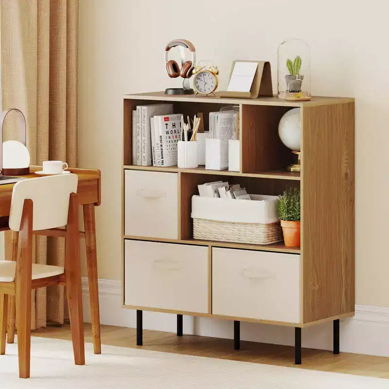 Libreria a 6 cubi con 3 cassetti pieghevoli in tessuto rimovibili e gambe in metallo per soggiorno, Naturale/Bianco
