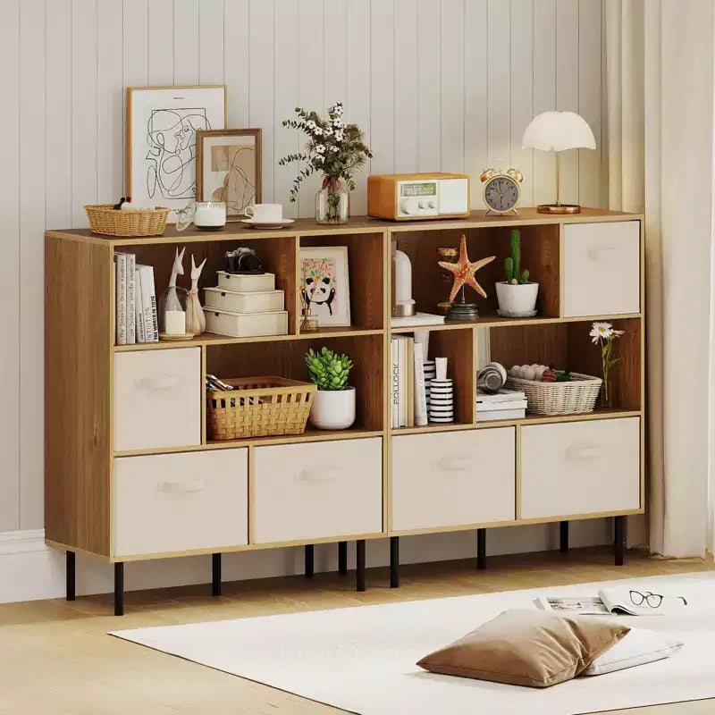Libreria a 6 cubi con 3 cassetti pieghevoli in tessuto rimovibili e gambe in metallo per soggiorno, Naturale/Bianco