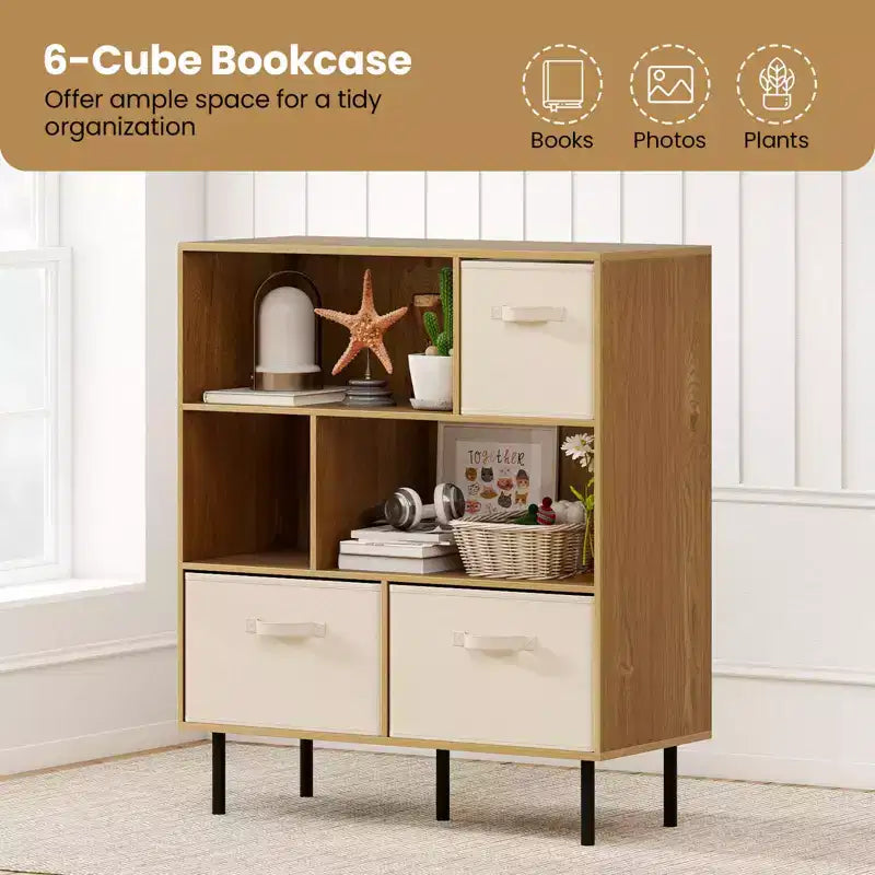 Libreria a 6 cubi con 3 cassetti pieghevoli in tessuto rimovibili e gambe in metallo per soggiorno, Naturale/Bianco