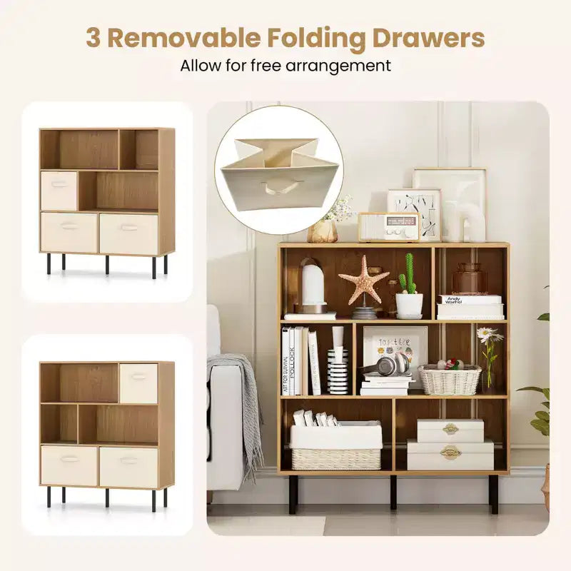 Libreria a 6 cubi con 3 cassetti pieghevoli in tessuto rimovibili e gambe in metallo per soggiorno, Naturale/Bianco