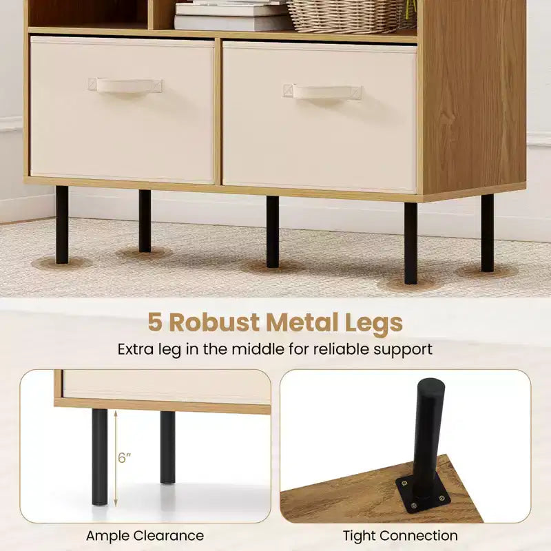 Libreria a 6 cubi con 3 cassetti pieghevoli in tessuto rimovibili e gambe in metallo per soggiorno, Naturale/Bianco