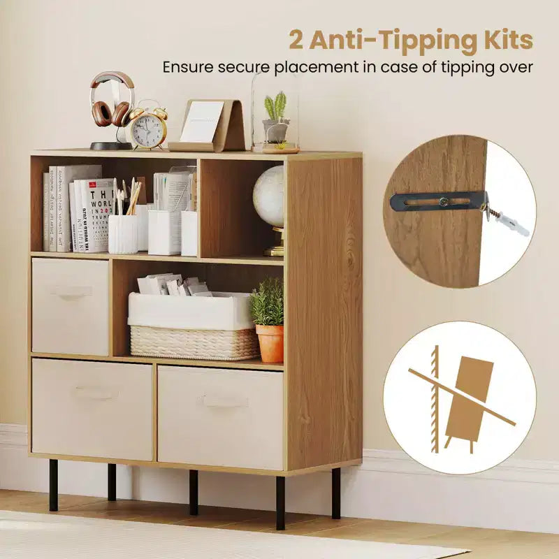 Libreria a 6 cubi con 3 cassetti pieghevoli in tessuto rimovibili e gambe in metallo per soggiorno, Naturale/Bianco