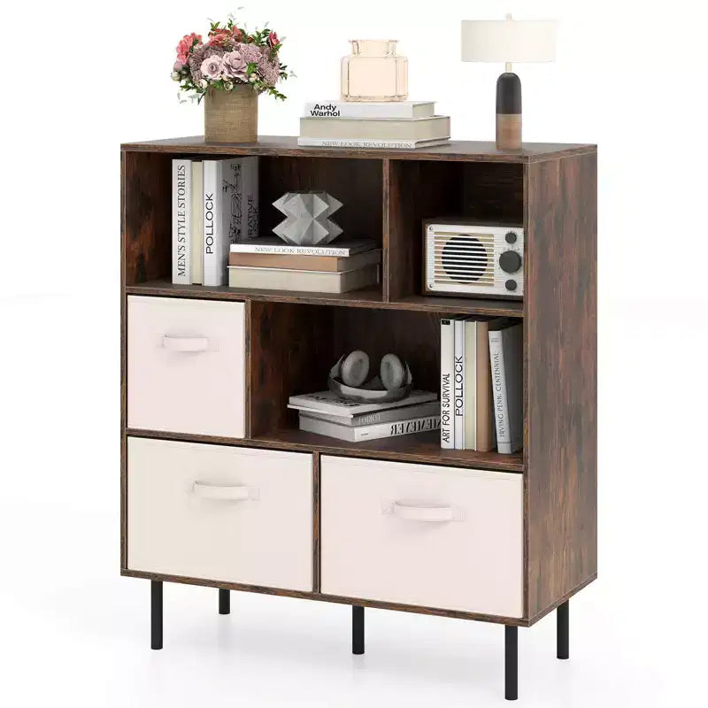 Libreria a 6 cubi con 3 cassetti pieghevoli in tessuto rimovibili e gambe in metallo per soggiorno, Naturale/Bianco