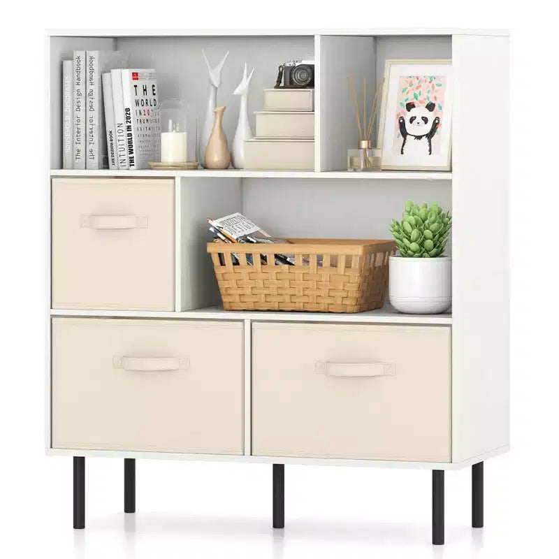 Libreria a 6 cubi con 3 cassetti pieghevoli in tessuto rimovibili e gambe in metallo per soggiorno, Naturale/Bianco