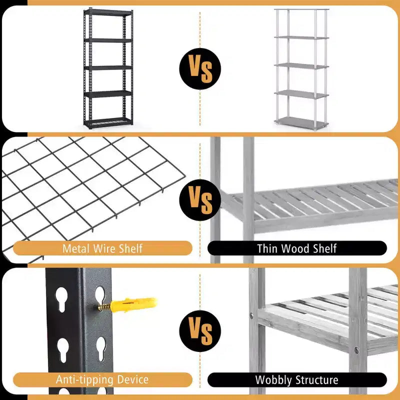 Set di 2 scaffali metallici a 5 ripiani, scaffale in filo metallico resistente con piedini antiscivolo