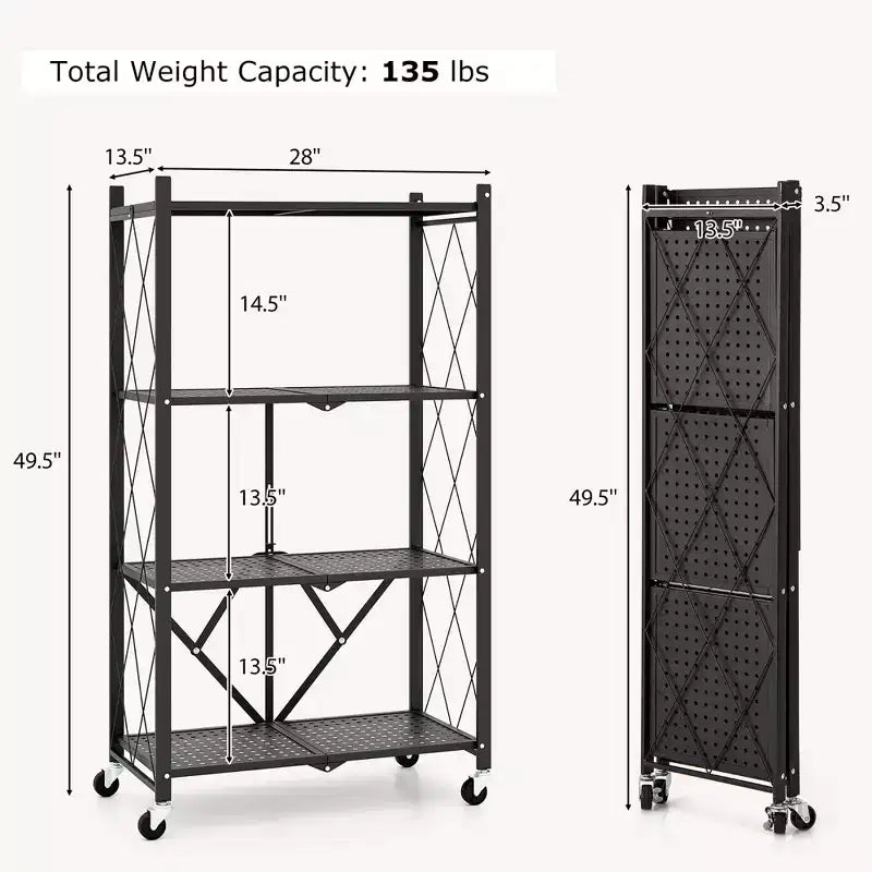 Scaffale portaoggetti pieghevole a 4 ripiani con 4 ruote universali per cucina e studio